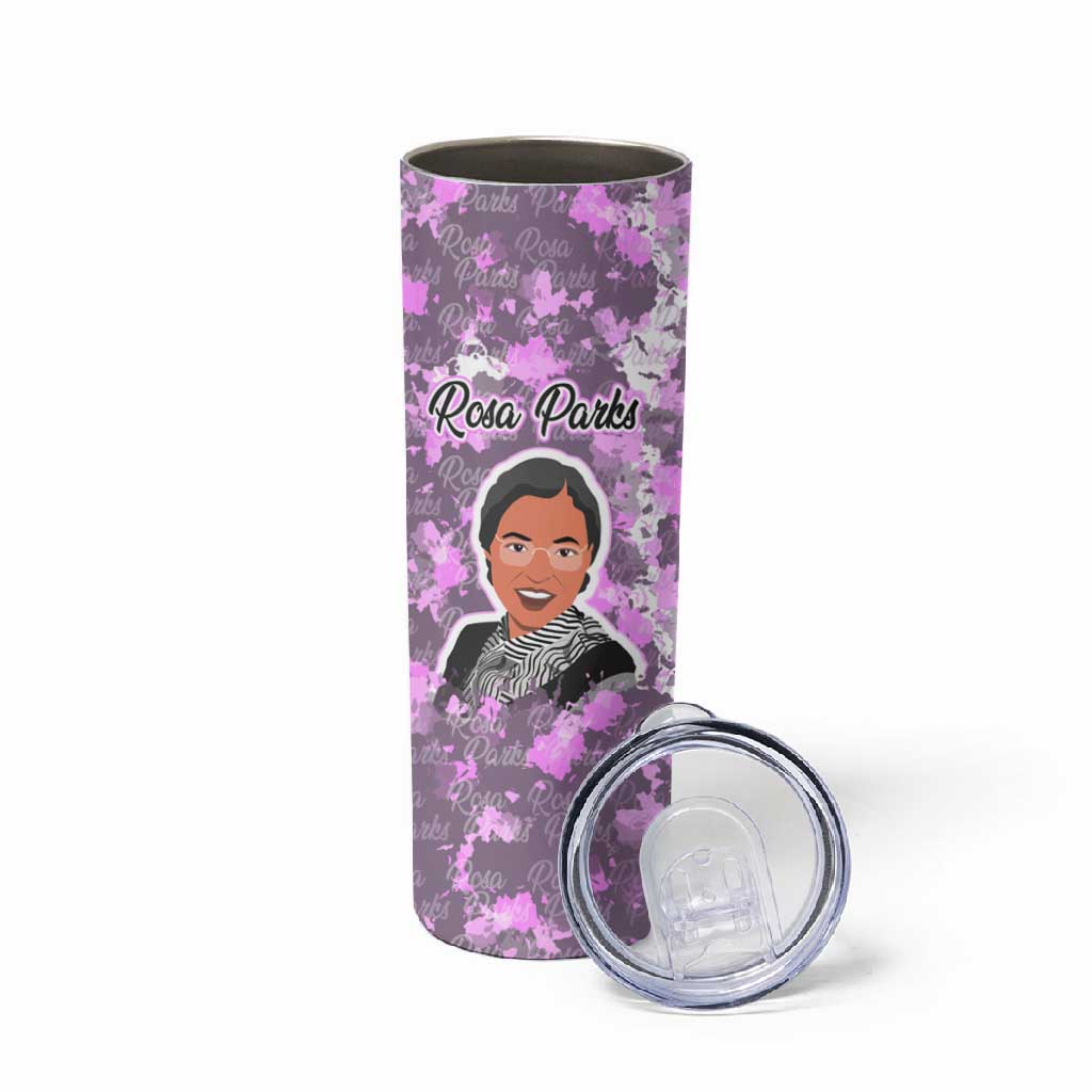 Rosa Parks Skinny Tumbler Purple Floral Pattern Civil Rights Tribute Bold Name Repeated Text Design - African Pride