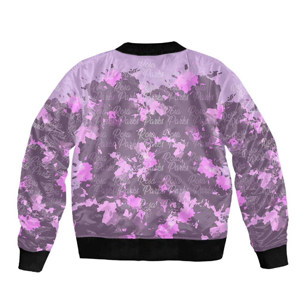 Rosa Parks Sleeve Zip Bomber Jacket Purple Floral Pattern Civil Rights Tribute Bold Name Repeated Text Design - African Pride