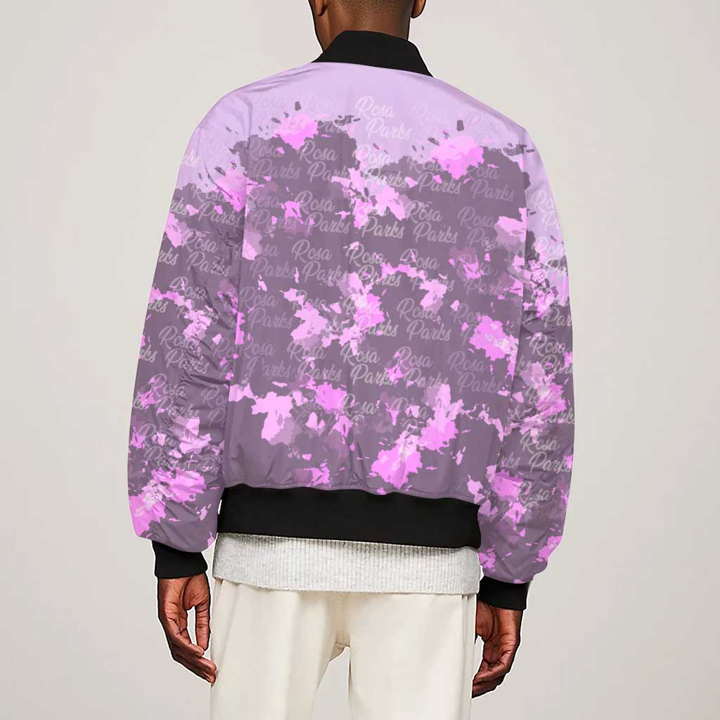 Rosa Parks Sleeve Zip Bomber Jacket Purple Floral Pattern Civil Rights Tribute Bold Name Repeated Text Design - African Pride