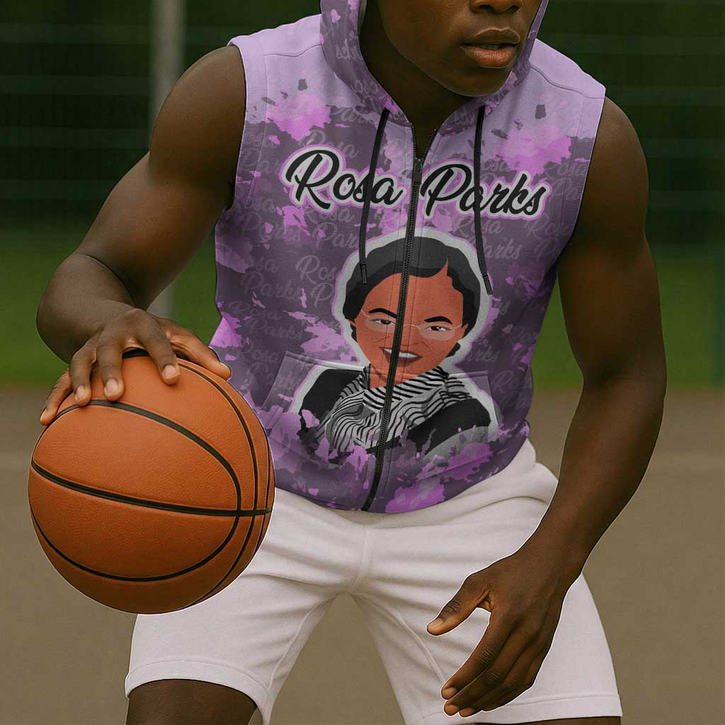 Rosa Parks Sleeveless Zip Hoodie Purple Floral Pattern Civil Rights Tribute Bold Name Repeated Text Design - African Pride