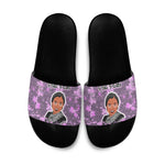 Rosa Parks Slide Sandals Purple Floral Pattern Civil Rights Tribute Bold Name Repeated Text Design - African Pride