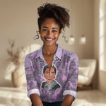 Rosa Parks Women Casual Shirt Purple Floral Pattern Civil Rights Tribute Bold Name Repeated Text Design - African Pride