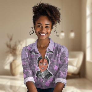 Rosa Parks Women Casual Shirt Purple Floral Pattern Civil Rights Tribute Bold Name Repeated Text Design - African Pride