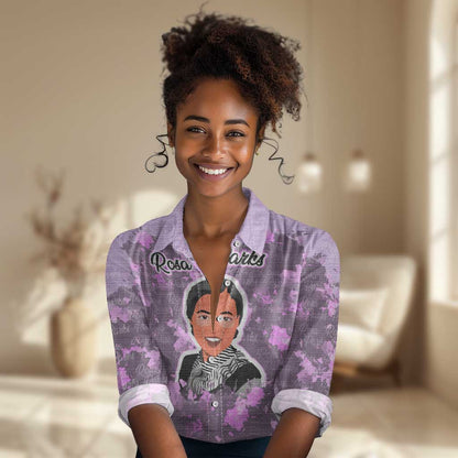 Rosa Parks Women Casual Shirt Purple Floral Pattern Civil Rights Tribute Bold Name Repeated Text Design - African Pride