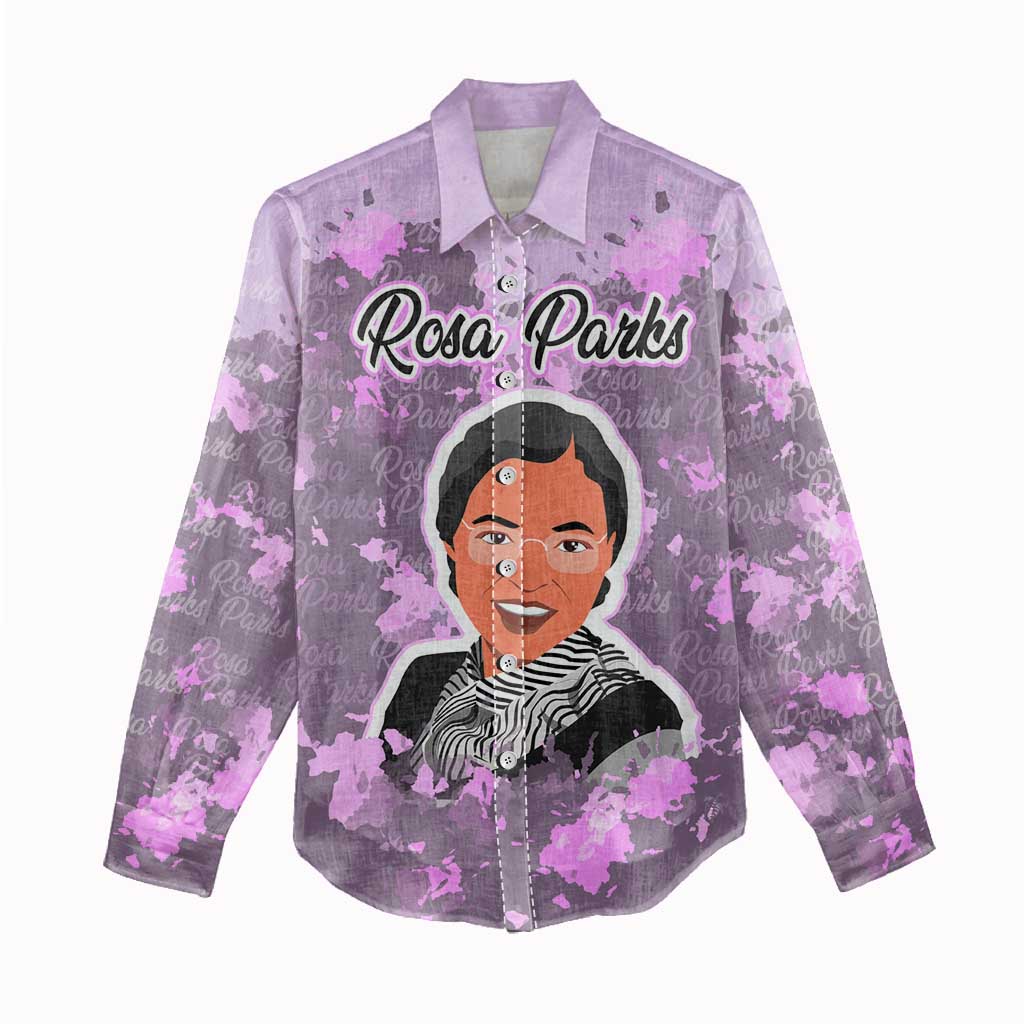 Rosa Parks Women Casual Shirt Purple Floral Pattern Civil Rights Tribute Bold Name Repeated Text Design - African Pride