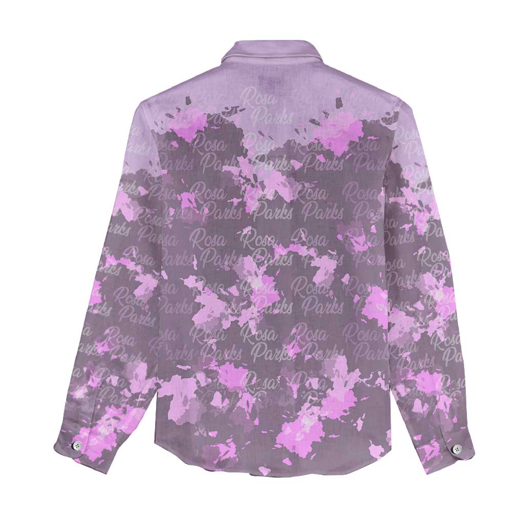 Rosa Parks Women Casual Shirt Purple Floral Pattern Civil Rights Tribute Bold Name Repeated Text Design - African Pride