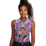 Rosa Parks Women Sleeveless Polo Shirt Purple Floral Pattern Civil Rights Tribute Bold Name Repeated Text Design - African Pride