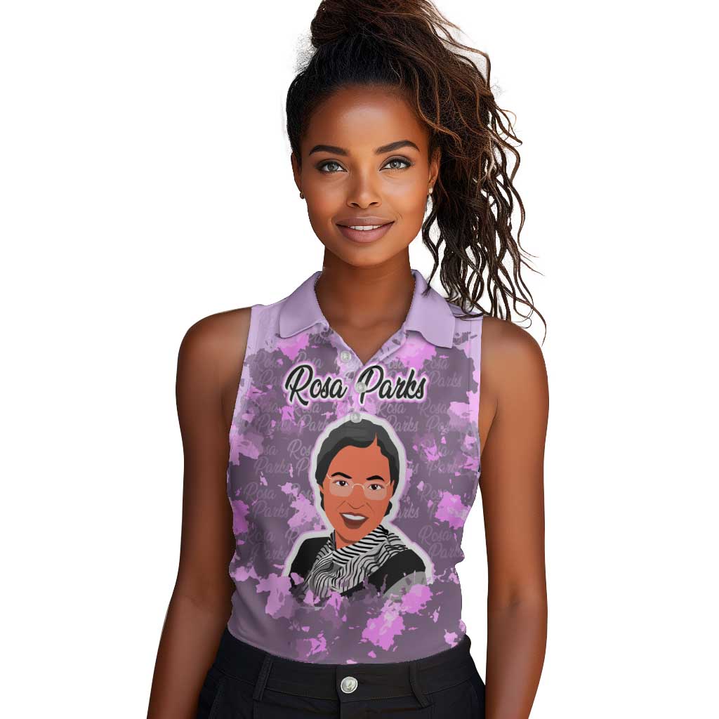 Rosa Parks Women Sleeveless Polo Shirt Purple Floral Pattern Civil Rights Tribute Bold Name Repeated Text Design - African Pride