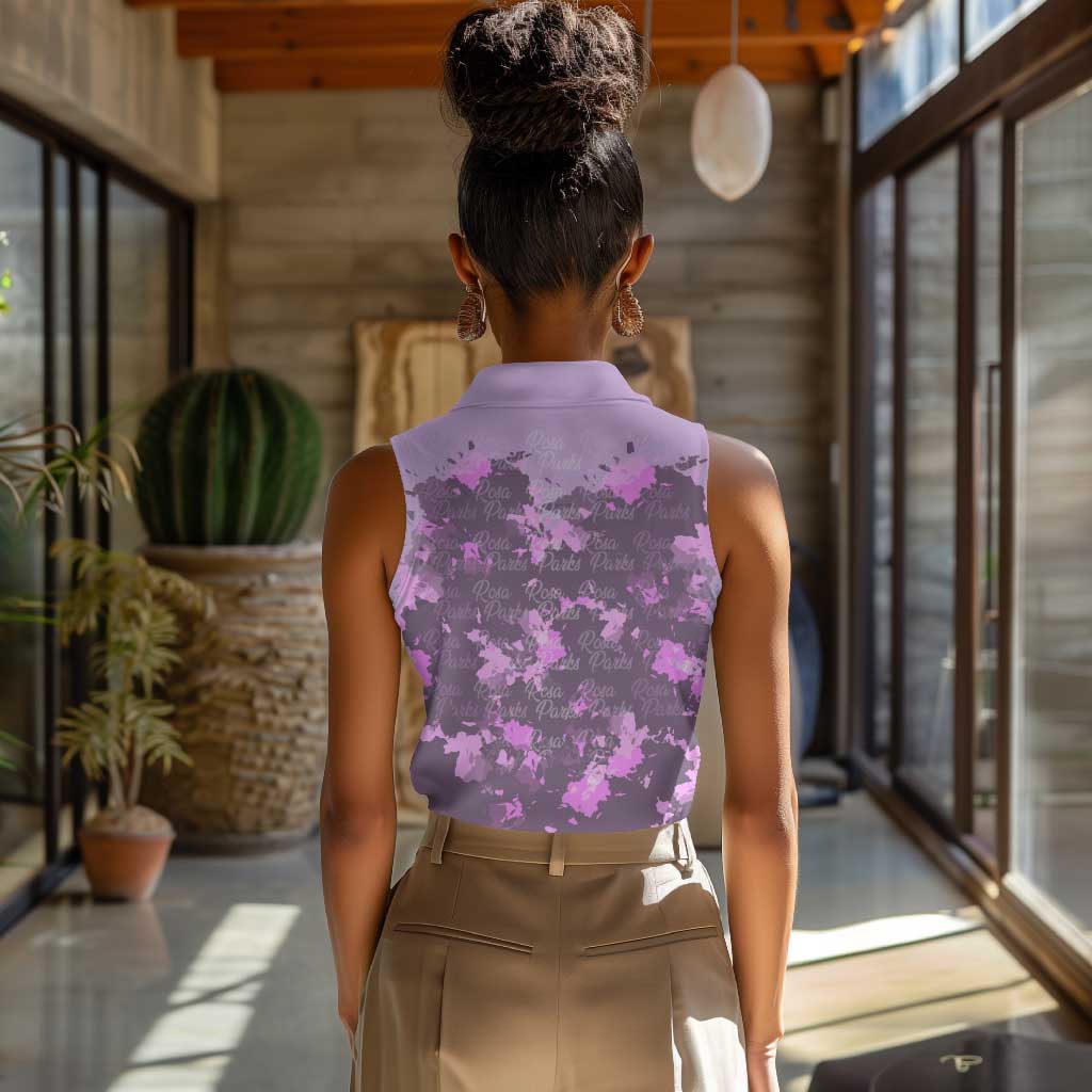 Rosa Parks Women Sleeveless Polo Shirt Purple Floral Pattern Civil Rights Tribute Bold Name Repeated Text Design - African Pride