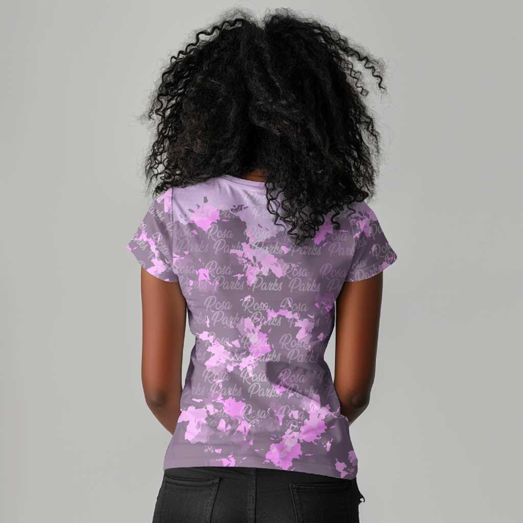 Rosa Parks Women V-Neck T-Shirt Purple Floral Pattern Civil Rights Tribute Bold Name Repeated Text Design TS04