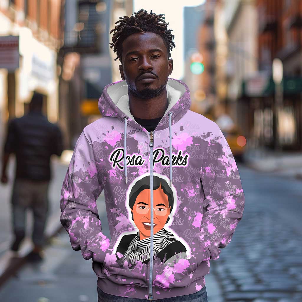 Rosa Parks Zip Hoodie Purple Floral Pattern Civil Rights Tribute Bold Name Repeated Text Design - African Pride