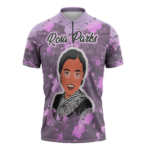 Rosa Parks Zipper Polo Shirt Purple Floral Pattern Civil Rights Tribute Bold Name Repeated Text Design - African Pride