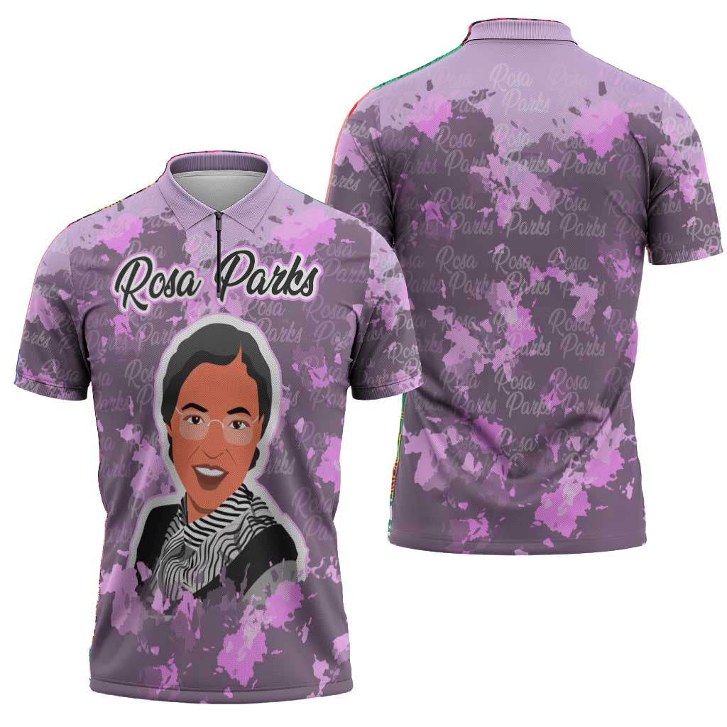Rosa Parks Zipper Polo Shirt Purple Floral Pattern Civil Rights Tribute Bold Name Repeated Text Design - African Pride