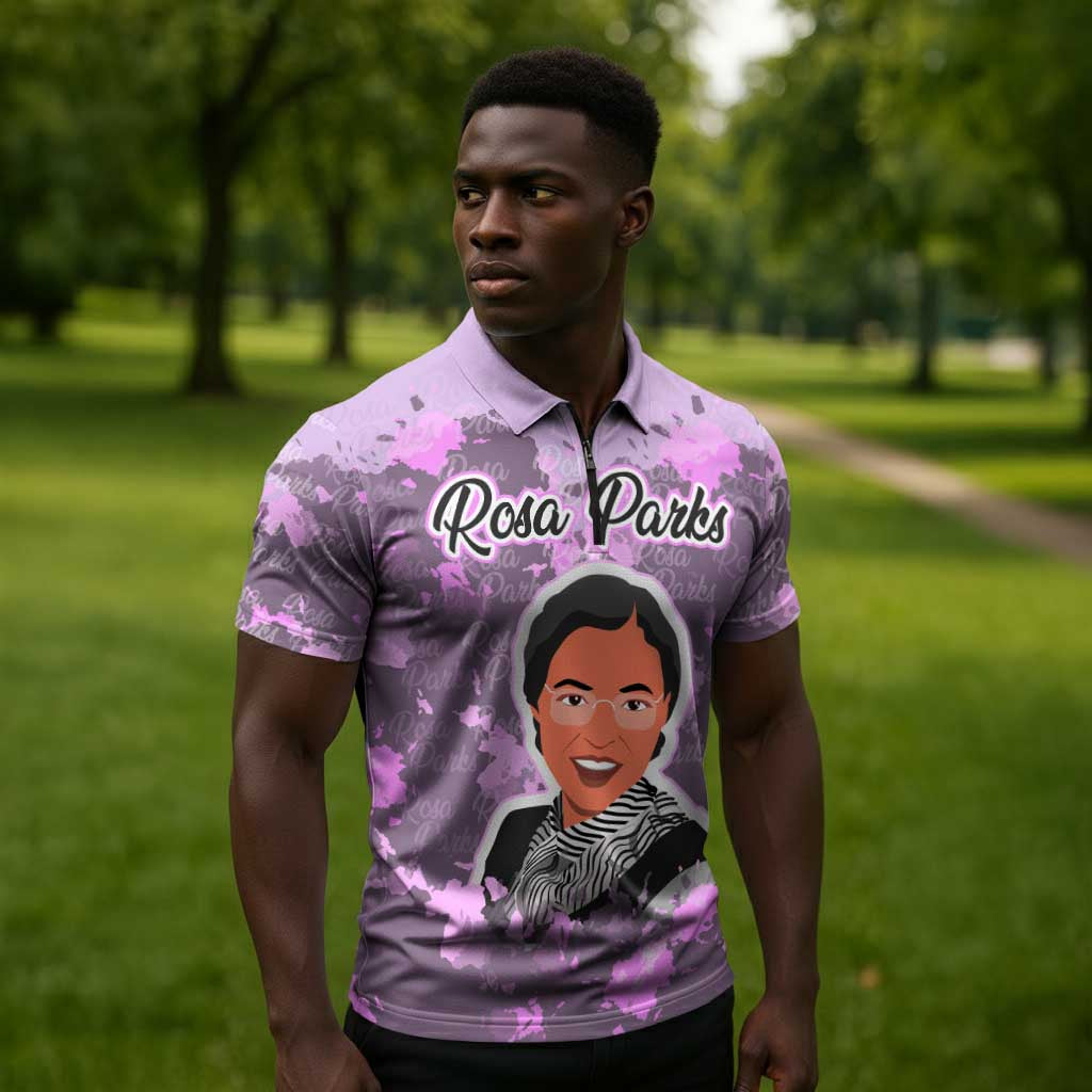 Rosa Parks Zipper Polo Shirt Purple Floral Pattern Civil Rights Tribute Bold Name Repeated Text Design - African Pride