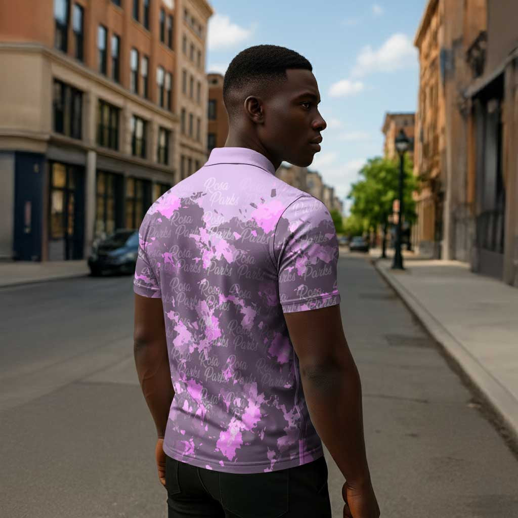 Rosa Parks Zipper Polo Shirt Purple Floral Pattern Civil Rights Tribute Bold Name Repeated Text Design - African Pride