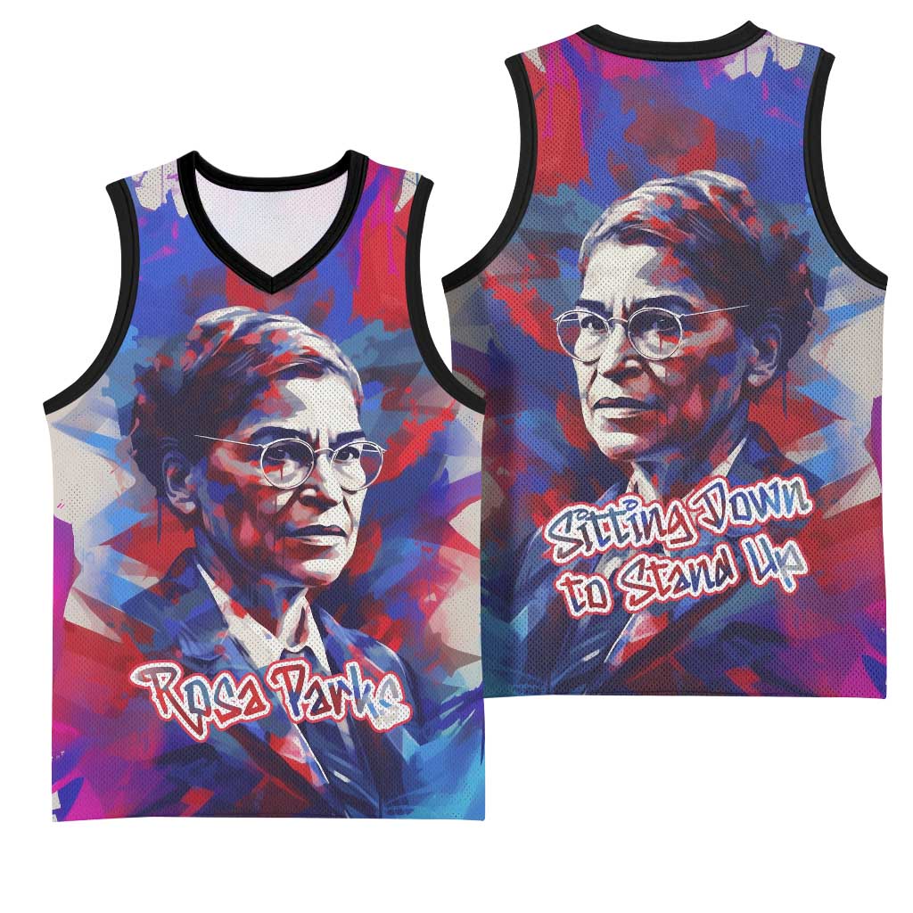 Rosa Parks Basketball Jersey Red Blue Abstract Art Portrait Sitting Down to Stand Up Quote Civil Rights Tribute - African Pride
