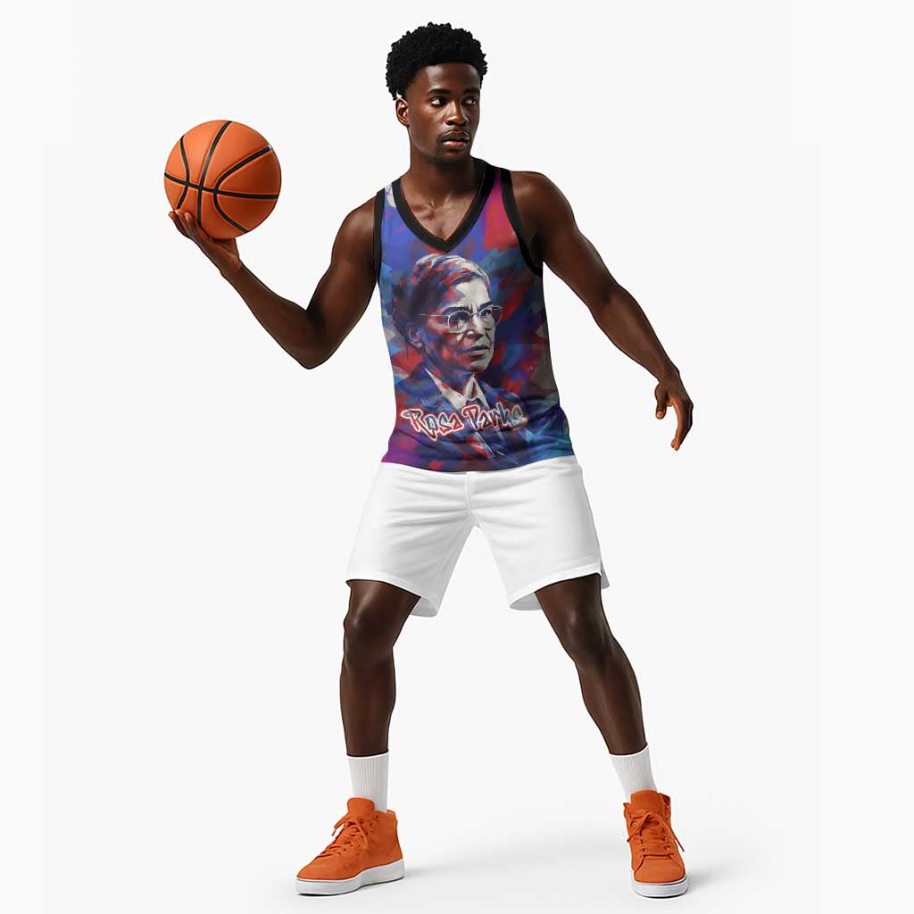 Rosa Parks Basketball Jersey Red Blue Abstract Art Portrait Sitting Down to Stand Up Quote Civil Rights Tribute - African Pride
