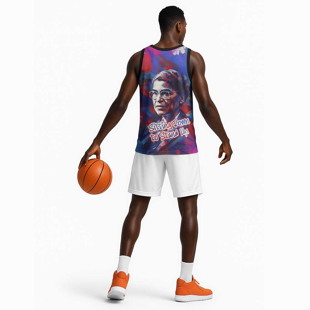 Rosa Parks Basketball Jersey Red Blue Abstract Art Portrait Sitting Down to Stand Up Quote Civil Rights Tribute - African Pride