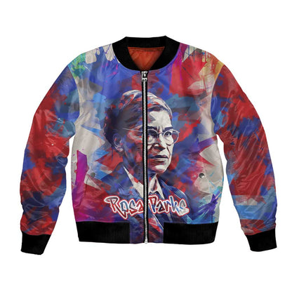 Rosa Parks Bomber Jacket Red Blue Abstract Art Portrait Sitting Down to Stand Up Quote Civil Rights Tribute - African Pride