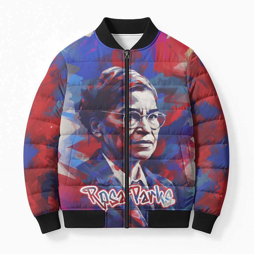 Rosa Parks Bomber Puffer Jacket Red Blue Abstract Art Portrait Sitting Down to Stand Up Quote Civil Rights Tribute - African Pride