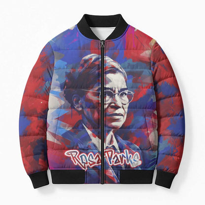 Rosa Parks Bomber Puffer Jacket Red Blue Abstract Art Portrait Sitting Down to Stand Up Quote Civil Rights Tribute - African Pride