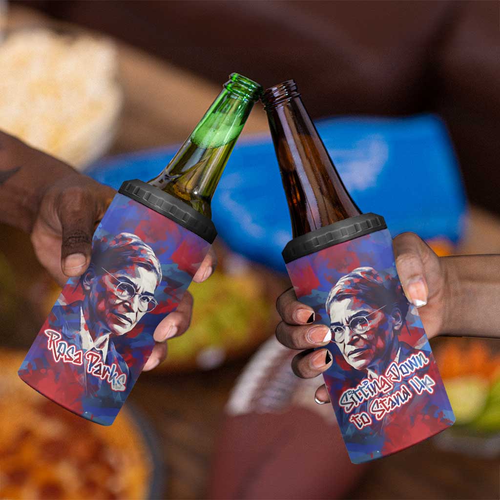 Rosa Parks 4 in 1 Can Cooler Tumbler Red Blue Abstract Art Portrait Sitting Down to Stand Up Quote Civil Rights Tribute - African Pride