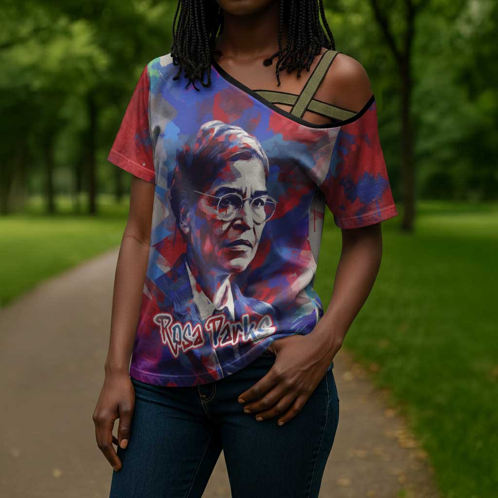Rosa Parks Cross Shoulder Shirt Red Blue Abstract Art Portrait Sitting Down to Stand Up Quote Civil Rights Tribute - African Pride