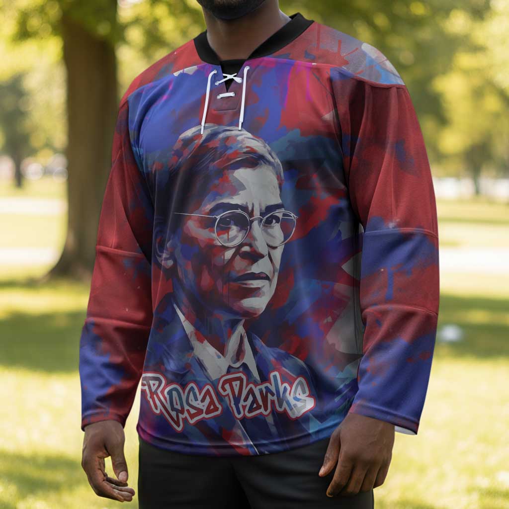 Rosa Parks Hockey Jersey Red Blue Abstract Art Portrait Sitting Down to Stand Up Quote Civil Rights Tribute - African Pride