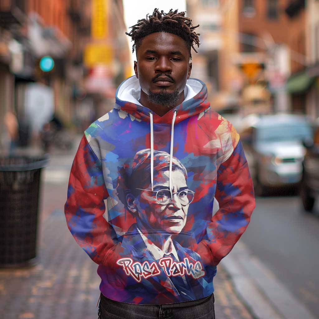 Rosa Parks Hoodie Red Blue Abstract Art Portrait Sitting Down to Stand Up Quote Civil Rights Tribute - African Pride