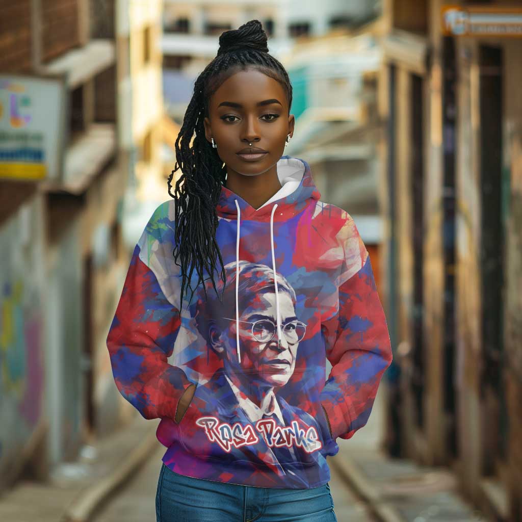 Rosa Parks Hoodie Red Blue Abstract Art Portrait Sitting Down to Stand Up Quote Civil Rights Tribute - African Pride