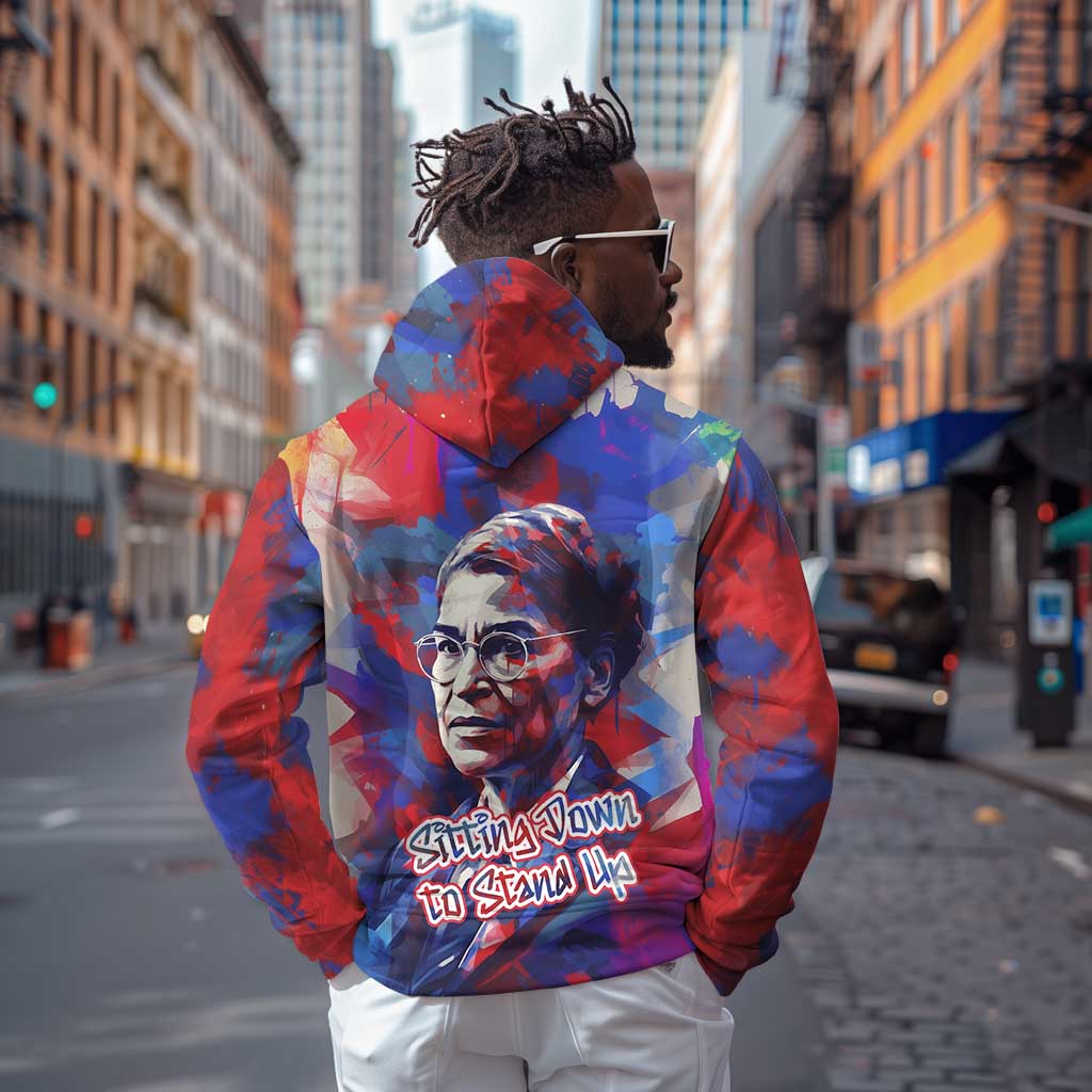 Rosa Parks Hoodie Red Blue Abstract Art Portrait Sitting Down to Stand Up Quote Civil Rights Tribute - African Pride