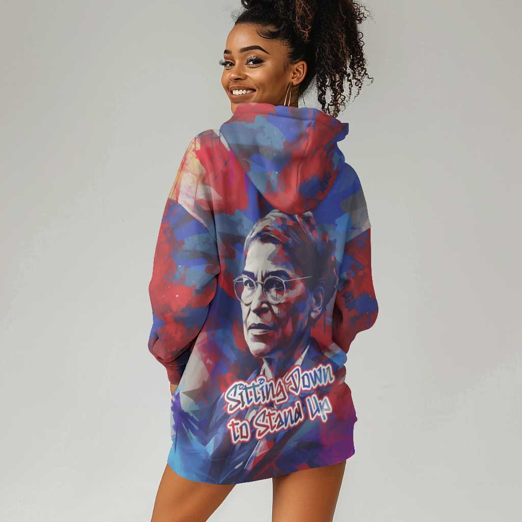 Rosa Parks Hoodie Dress Red Blue Abstract Art Portrait Sitting Down to Stand Up Quote Civil Rights Tribute - African Pride