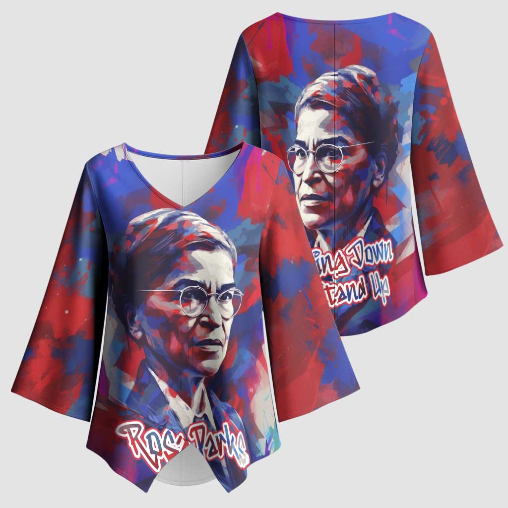 Rosa Parks Kimono Sleeve Blouse Red Blue Abstract Art Portrait Sitting Down to Stand Up Quote Civil Rights Tribute - African Pride