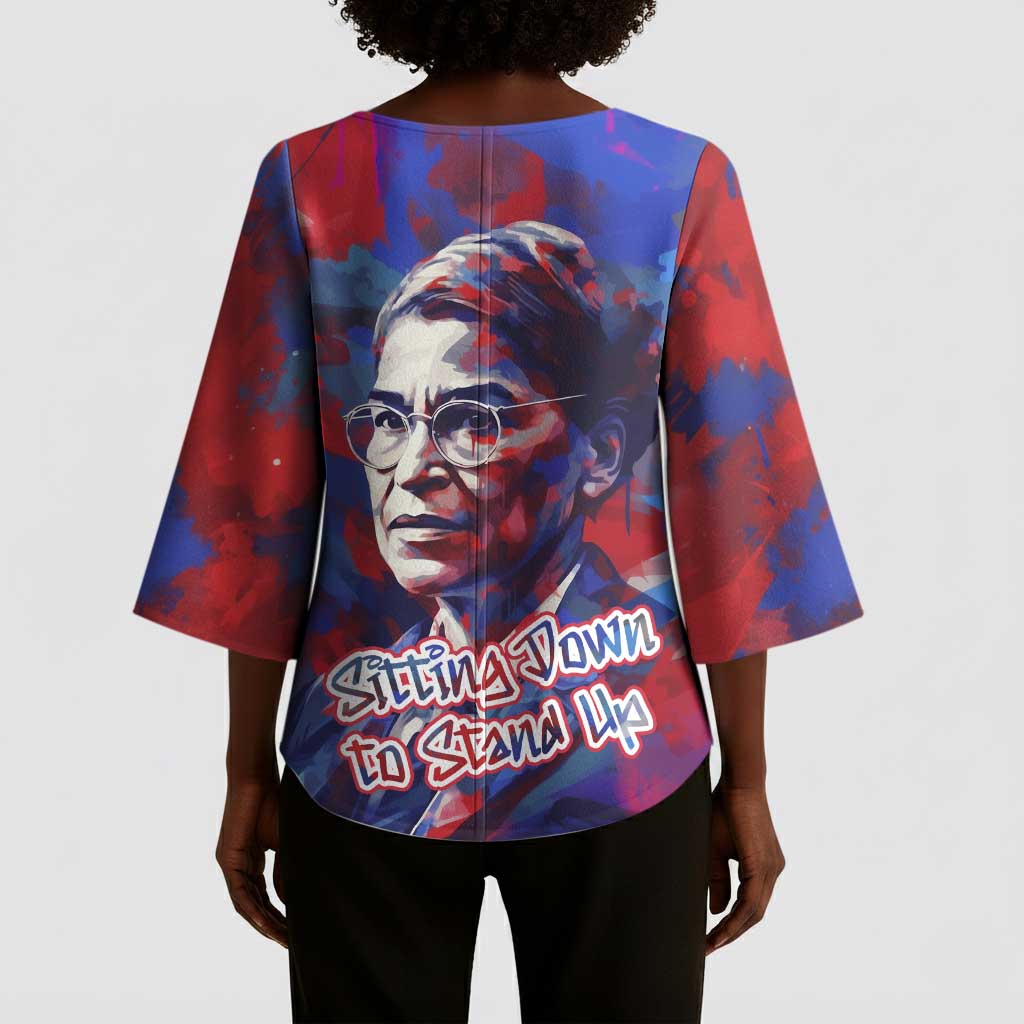 Rosa Parks Kimono Sleeve Blouse Red Blue Abstract Art Portrait Sitting Down to Stand Up Quote Civil Rights Tribute - African Pride