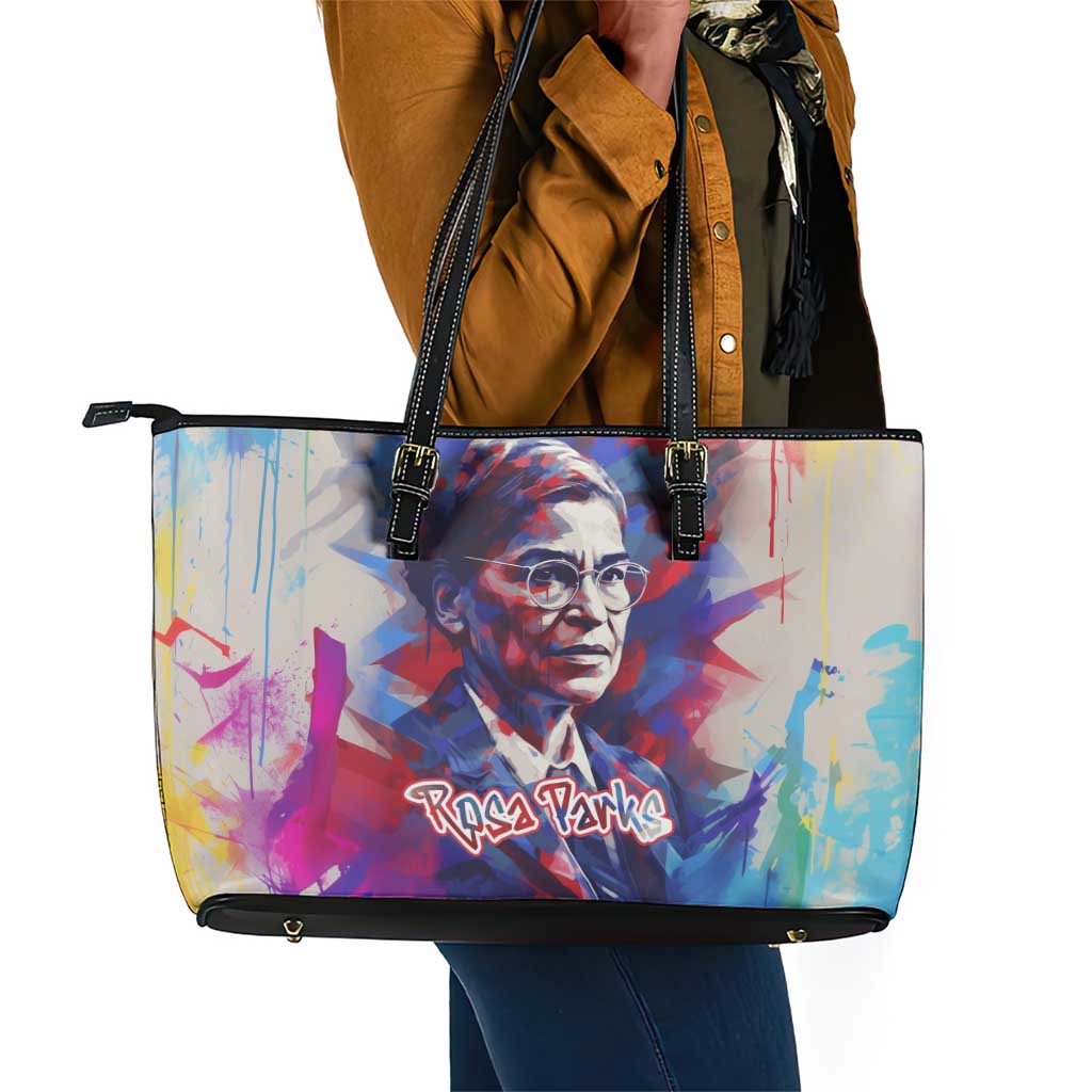 Rosa Parks Leather Tote Bag Red Blue Abstract Art Portrait Sitting Down to Stand Up Quote Civil Rights Tribute - African Pride