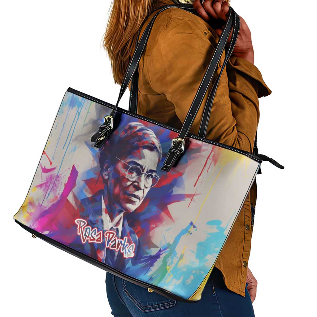 Rosa Parks Leather Tote Bag Red Blue Abstract Art Portrait Sitting Down to Stand Up Quote Civil Rights Tribute - African Pride