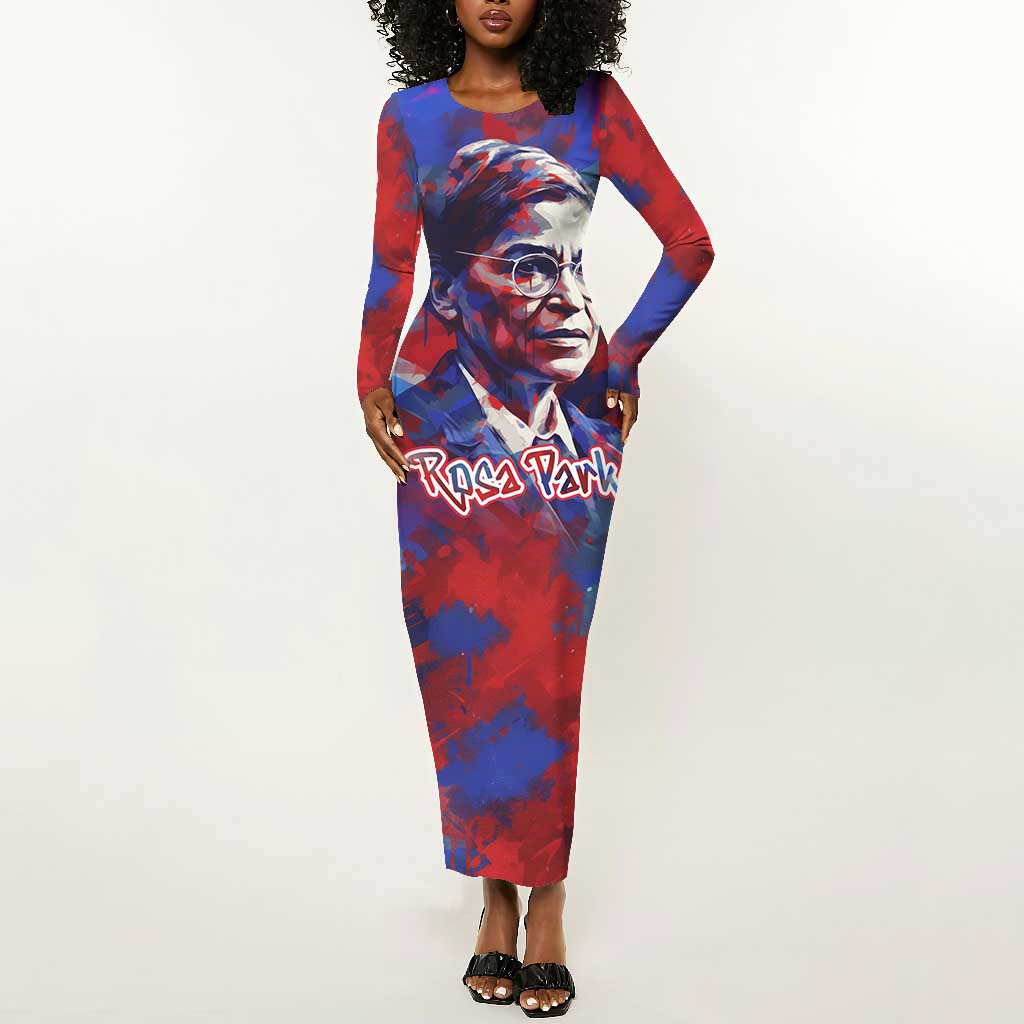 Rosa Parks Long Sleeve Bodycon Dress Red Blue Abstract Art Portrait Sitting Down to Stand Up Quote Civil Rights Tribute - African Pride