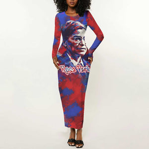Rosa Parks Long Sleeve Bodycon Dress Red Blue Abstract Art Portrait Sitting Down to Stand Up Quote Civil Rights Tribute - African Pride