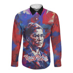 Rosa Parks Long Sleeve Button Shirt Red Blue Abstract Art Portrait Sitting Down to Stand Up Quote Civil Rights Tribute - African Pride