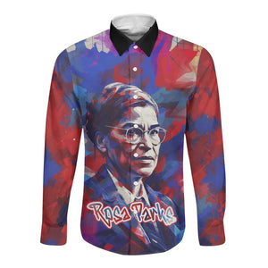 Rosa Parks Long Sleeve Button Shirt Red Blue Abstract Art Portrait Sitting Down to Stand Up Quote Civil Rights Tribute - African Pride