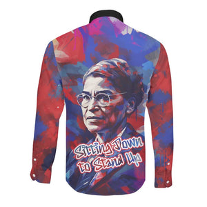 Rosa Parks Long Sleeve Button Shirt Red Blue Abstract Art Portrait Sitting Down to Stand Up Quote Civil Rights Tribute - African Pride