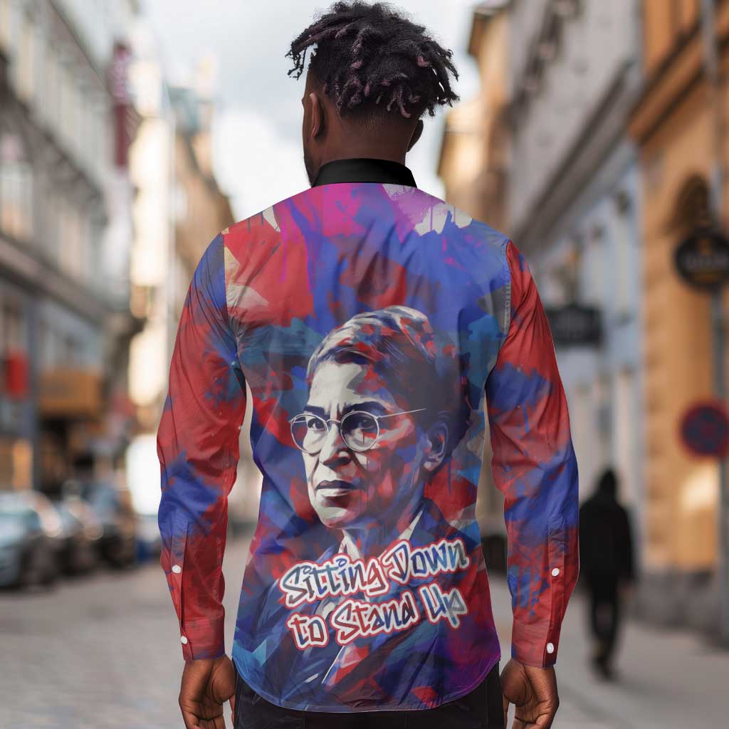 Rosa Parks Long Sleeve Button Shirt Red Blue Abstract Art Portrait Sitting Down to Stand Up Quote Civil Rights Tribute - African Pride