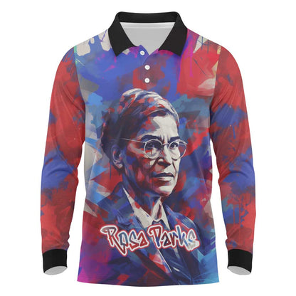 Rosa Parks Long Sleeve Polo Shirt Red Blue Abstract Art Portrait Sitting Down to Stand Up Quote Civil Rights Tribute - African Pride