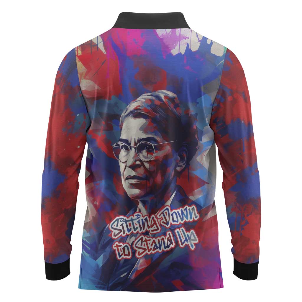 Rosa Parks Long Sleeve Polo Shirt Red Blue Abstract Art Portrait Sitting Down to Stand Up Quote Civil Rights Tribute - African Pride