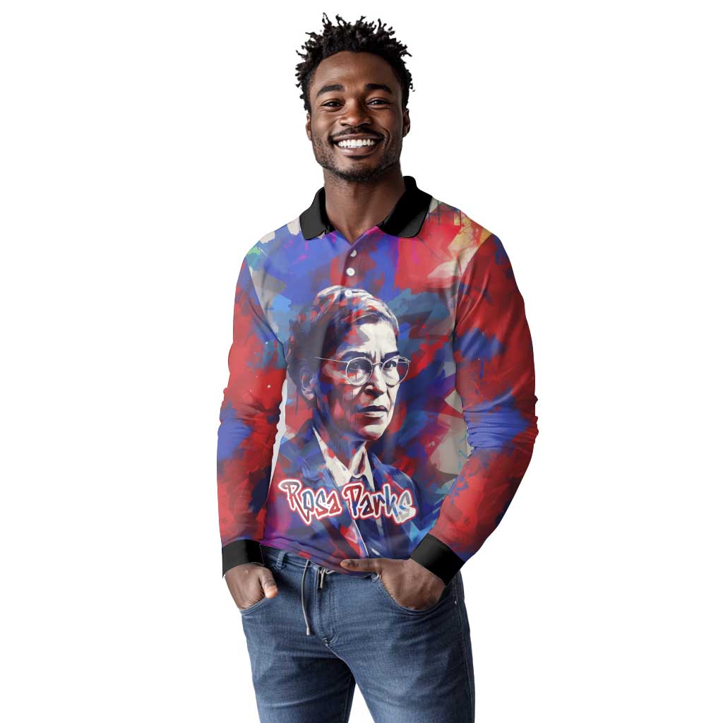 Rosa Parks Long Sleeve Polo Shirt Red Blue Abstract Art Portrait Sitting Down to Stand Up Quote Civil Rights Tribute - African Pride