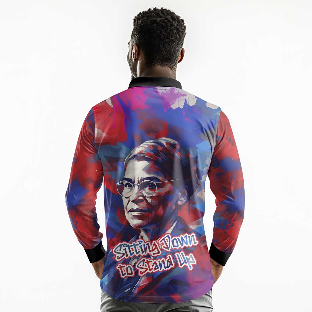 Rosa Parks Long Sleeve Polo Shirt Red Blue Abstract Art Portrait Sitting Down to Stand Up Quote Civil Rights Tribute - African Pride