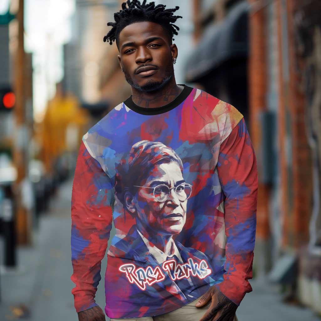 Rosa Parks Long Sleeve Shirt Red Blue Abstract Art Portrait Sitting Down to Stand Up Quote Civil Rights Tribute - African Pride