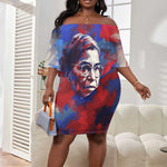 Rosa Parks Off Shoulder Short Dress Red Blue Abstract Art Portrait Sitting Down to Stand Up Quote Civil Rights Tribute - African Pride
