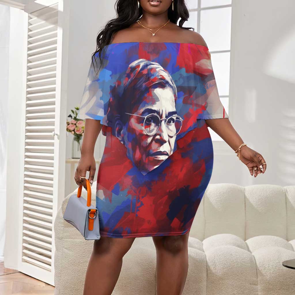 Rosa Parks Off Shoulder Short Dress Red Blue Abstract Art Portrait Sitting Down to Stand Up Quote Civil Rights Tribute - African Pride