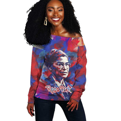 Rosa Parks Off Shoulder Sweater Red Blue Abstract Art Portrait Sitting Down to Stand Up Quote Civil Rights Tribute - African Pride